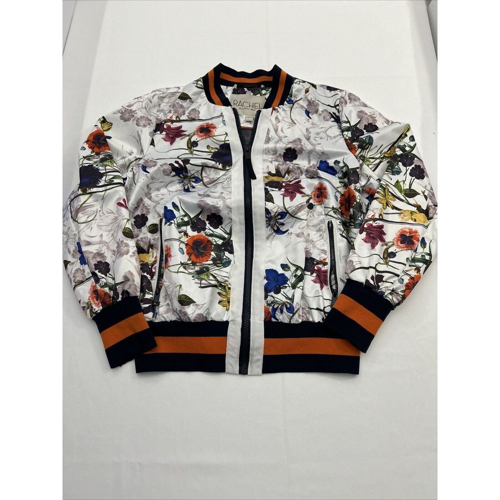 RACHEL Rachel Roy White Floral Bomber Jacket with Navy & Orange Trim